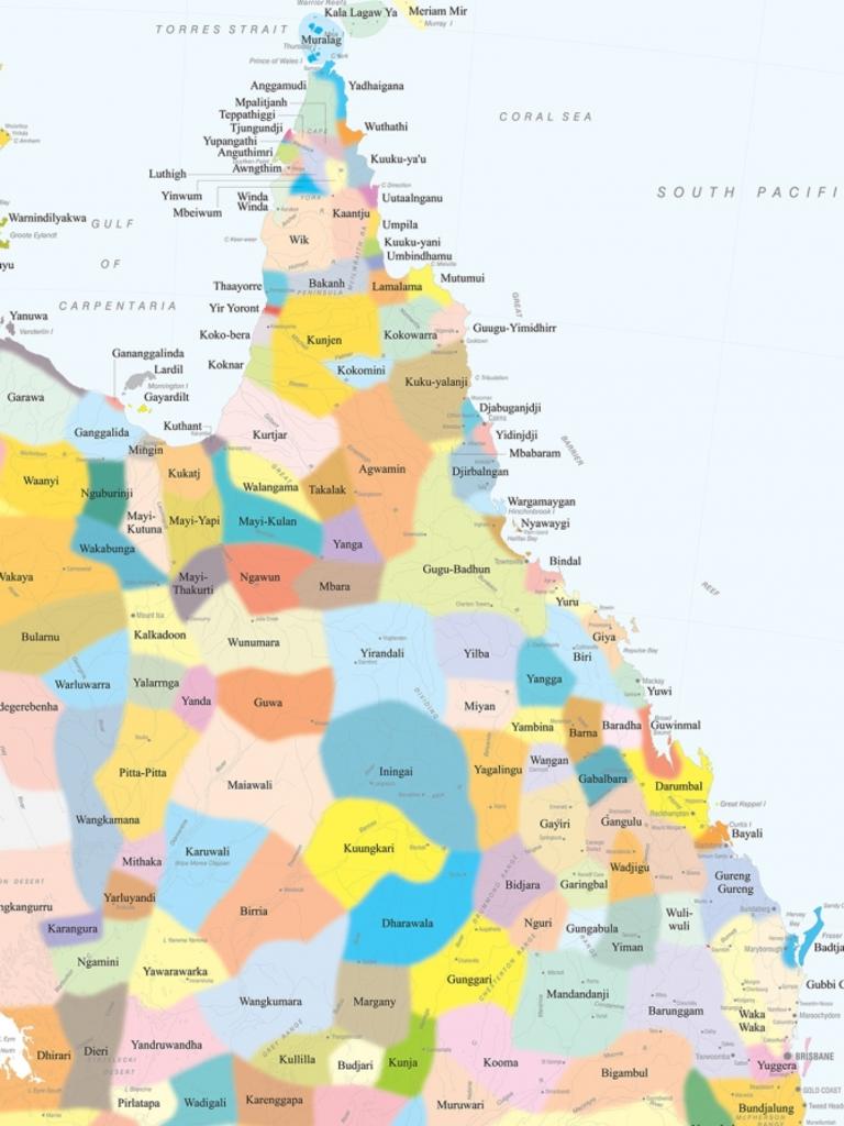 A map of the borders and locations of traditional Queensland indigenous mobs. (Map from Outdoors Queensland).