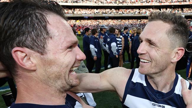 MELBOURNE . 24/09/2022. AFL Grand Final.  Geelong Cats vs Sydney Swans at the MCG.   Joel Selwood and Patrick Dangerfield    . Picture by Michael Klein