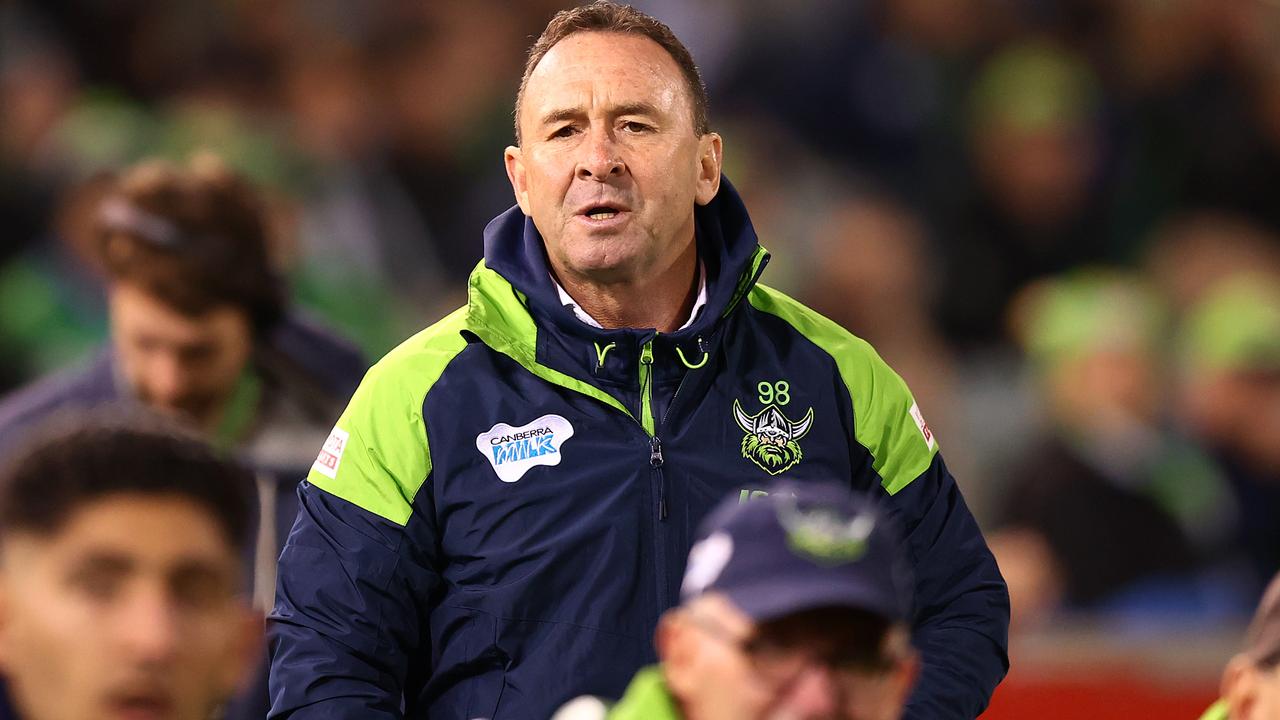 It was another tough night for Raiders coach Ricky Stuart as his team registered its third consecutive loss at home. Picture: Getty Images