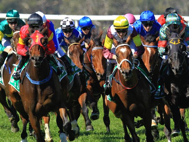 Loving home ridden by Tye Angland  (yellow cap, maroon with yellow armbands) wins race 1 during Scone  Races located in the Upper Hunter Region of NSW. The Bend . Pic Jenny Evans