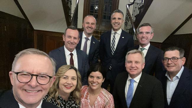 Prime Minister Anthony Albanese hosts premiers and chief ministers at The Lodge in Canberra on the eve of his first National Cabinet in 2022 – from left, front, Annastacia Palaszczuk (QLD), Natasha Fyles (NT), Jeremy Rockliff (TAS), Daniel Andrews (VIC), rear, Mark McGowan (WA), Andrew Barr (ACT), Peter Malinauskas (SA) and Dominic Perrottet (NSW). Picture: Twitter