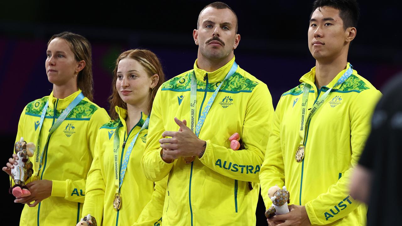 The Aussie mixed relay team during the medal ceremony. Picture: Michael Klein