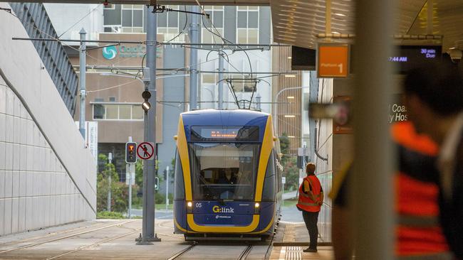 The first tram departs from Gold Coast University Hospital to Helensvale. Picture: Jerad Williams