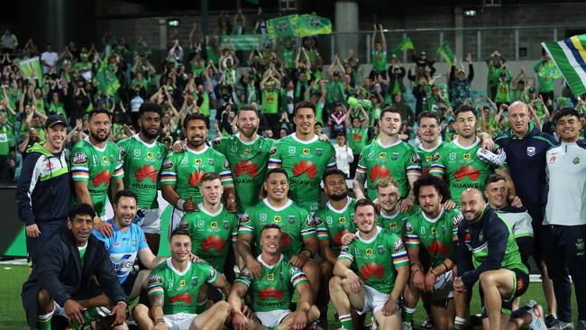 Canberra players celebrate victory with the crowd after the Sydney Roosters v Canberra Raiders Semi Final at the SCG. Picture: Brett Costello