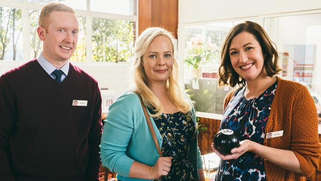 Luke McGregor, Katie Robertson and Celia Pacquola in the fifth and final season of ABC's Rosehaven. Picture: Supplied