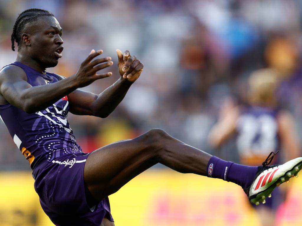 Michael Frederick of the Fremantle Dockers kicks the ball during the match but the result went the All Stars’ way. Picture: Michael Willson/AFL Photos via Getty Images