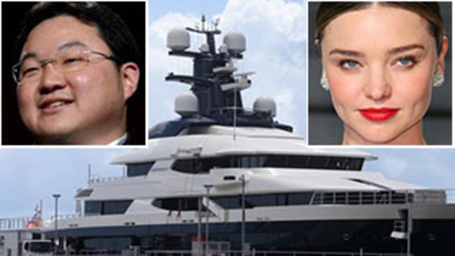 The superyacht Equanimity. Insets, Jho Low and Miranda Kerr. Pictures: AFP, Getty Images