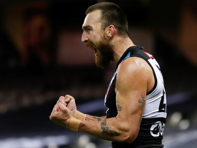 MELBOURNE, AUSTRALIA - JULY 23: Charlie Dixon of the Power celebrates a goal during the 2021 AFL Round 19 match between the Port Adelaide Power and the Collingwood Magpies at Marvel Stadium on July 23, 2021 in Melbourne, Australia. (Photo by Michael Willson/AFL Photos via Getty Images)