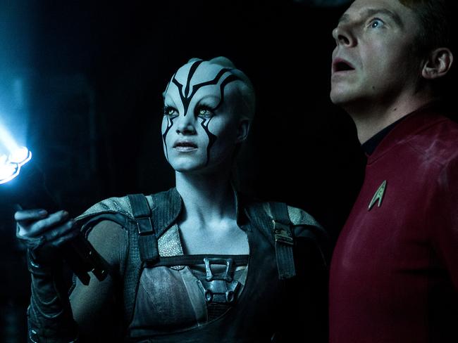 Boutella as Jaylah with Simon Pegg (Scotty) in Star Trek Beyond. Picture: Kimberley French