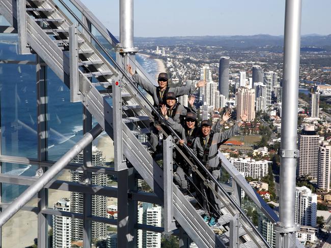 Tourists,  Juliana Khoo, Gemma Ong, Lee Phing Chiam and  Hau Chern Lee,  completed the Gold Coast Half Marathon yesterday and today took in the sights of the Gold Coast at the Skypoint climb of Q1 in Surfers Paradise.  Picture: JERAD WILLIAMS  ### contact Hau on  +60(12)4986952 ###