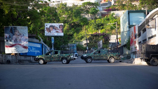 Military vehicles block the entrance to Petion Ville, the neighborhood where the late Haitian President Jovenel Moise lived in Port-au-Prince, Haiti. Picture: Getty