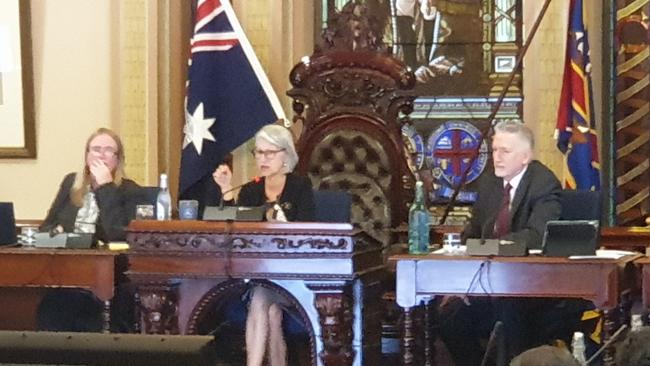 Lord Mayor Sandy Verschoor chairing a meeting of the Adelaide City Council with chief executive Mark Goldstone. Picture: Colin James