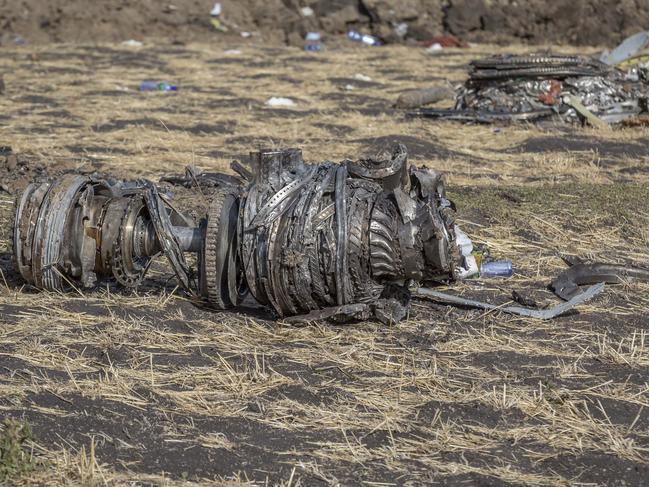 Airplane parts lie on the ground at the scene of the Ethiopian Airlines flight crash. Picture: AP