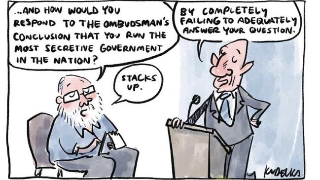 Cartoonist Jon Kudelka’s take on Mercury political editor David Killick grilling Premier Peter Gutwein over Tasmania being the nation’s least open state.