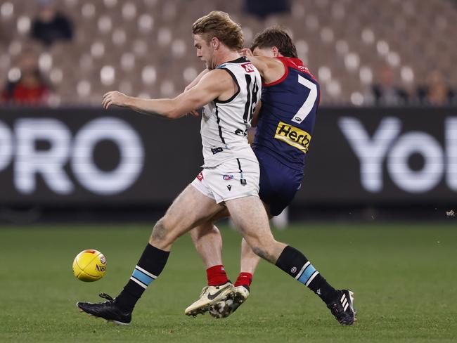 Jason Horne-Francis and Jack Viney compete. Picture: Darrian Traynor/AFL Photos