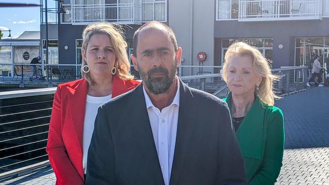 Labor aged care spokeswoman Clare O'Neil MP, candidate for Bass Ross Hart and Tasmanian Senator Helen Polley speaking at Launceston about aged care. Picture: Alex Treacy