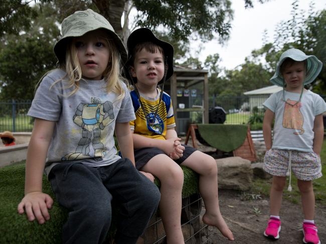 SDN Batemans Bay students Hudson, 4, left, with Aston, 5, and Violet, 4. Picture: Nathan Schmidt