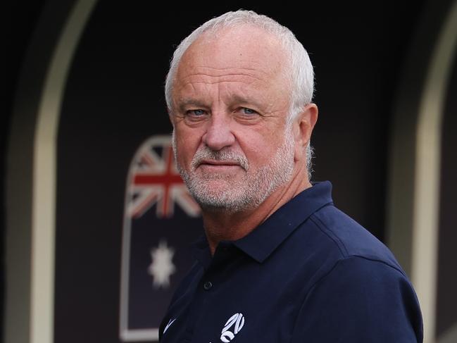 DOHA, QATAR - JANUARY 28: Graham Arnold, Head Coach of Australia, looks on prior to kick-off ahead of the AFC Asian Cup Round of 16 match between Australia and Indonesia at Jassim Bin Hamad Stadium on January 28, 2024 in Doha, Qatar. (Photo by Lintao Zhang/Getty Images)