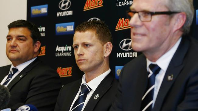 Carlton coach Brendon Bolton faces the media with President Mark Logiudice (left) and Steven Trigg. Pic: Michael Klein