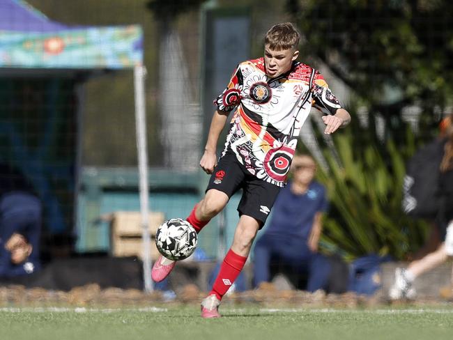 Taj Eldridge, U14 Boys NAIDOC Cup at Lake Macquarie Regional Football Facility. Picture: Michael Gorton