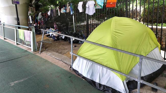 Homeless tent and rough living is occurring along the Bicentennial Bikeway from Victoria Bridge though to William Jolly Bridge. Picture: David Clark.