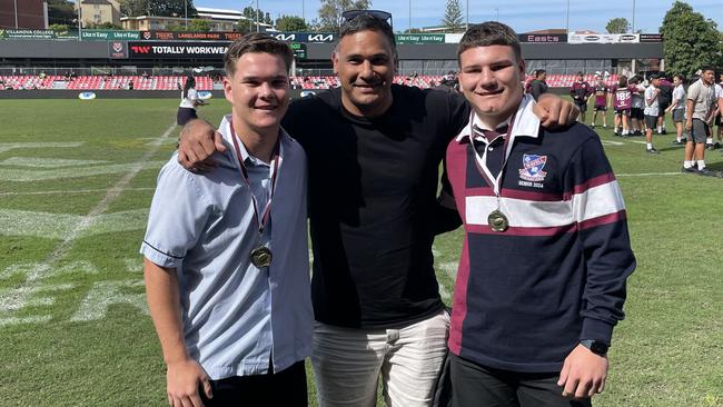 Palm Beach Currumbin SHS’s Zane Harrison, Broncos champion Justin Hodges and Wavell SHS student Charlie Dickson. Harrison and Dickson jointly won the Justin Hodges Medal for best Langer Trophy player.