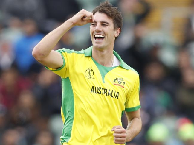 Australia's Pat Cummins celebrates after taking the wicket of Pakistan's Asif Ali caught behind by Australia's Alex Carey during the Cricket World Cup match between Australia and Pakistan at the County Ground in Taunton, south west England, Wednesday, June 12, 2019. (AP Photo/Alastair Grant)