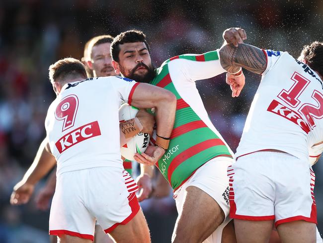 SYDNEY, AUSTRALIA - JUNE 10: Shaquai Mitchell of the Rabbitohs is tackled during the round 15 NRL match between St George Illawarra Dragons and South Sydney Rabbitohs at Netstrata Jubilee Stadium on June 10, 2023 in Sydney, Australia. (Photo by Matt King/Getty Images)