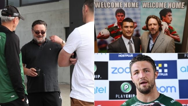 Russell Crowe talks with Wayne Bennett and former Souths player Luke Burgess. Photo: Brett Costello