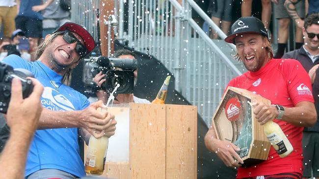 Good mates Owen Wright (L) with Matt Wilkinson on the Gold Coast. Picture: Richard Gosling