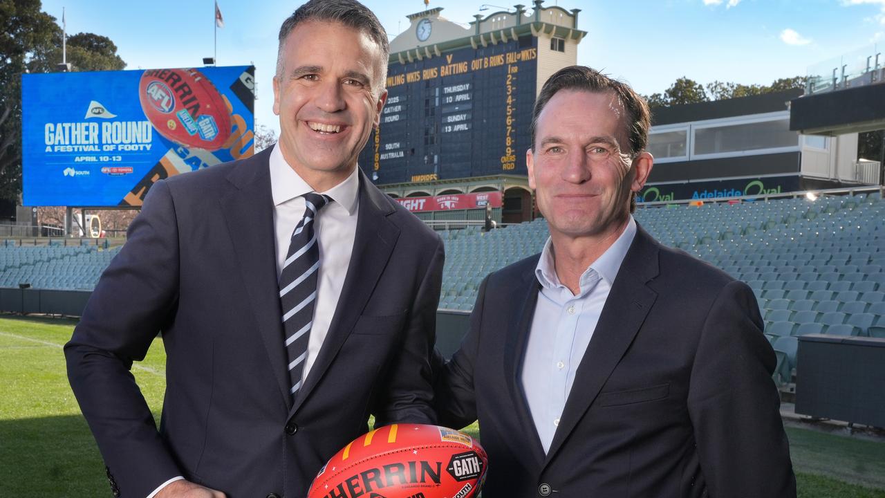 Premier Peter Malinauskas and AFL Chief Executive Andrew Dillon at the announcement of the dates for 2025 AFL Gather Round. Picture: Dean Martin