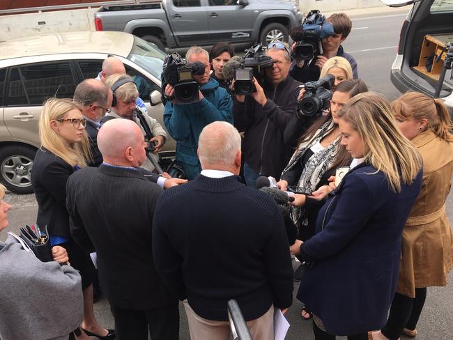 Members of Lucille Butterworth’s family speak to the media after the findings were handed down. Picture: KIM EISZELE