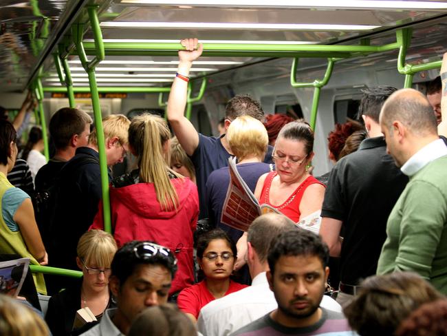 Overcrowded trains can be horrible, but if you take a glass-half-full approach, it might be a chance to make a new friend. Picture: