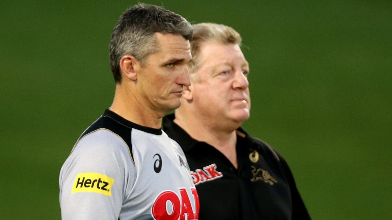 Panther's coach Ivan Cleary and Phil Gould during the Penrith Panthers training session at Pepper Stadium,Penrith .Picture Gregg Porteous