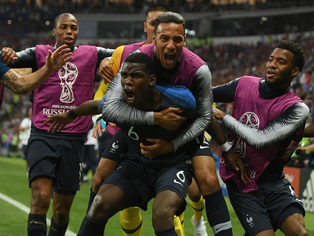 Pogba celebrates his World Cup final goal with his France teammates. Picture: Getty Images