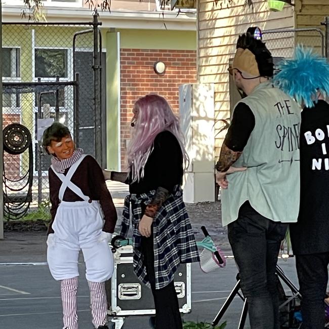 Daraugh McAuley, dressed as one of the Oompa Loompas, with The Blurbs band at Strathfieldsaye Primary School during Book Week 2023. Picture: Julieanne Strachan