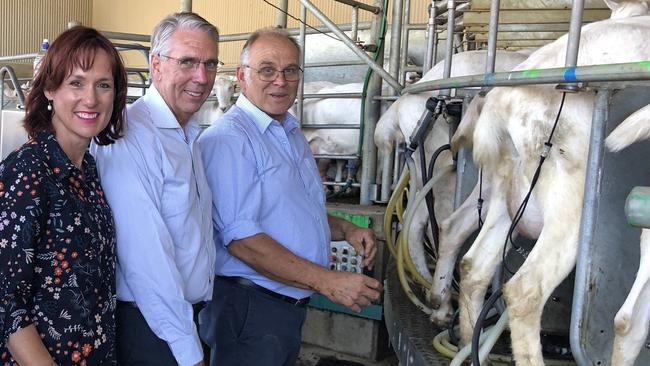 Eastern Victoria state MP Melina Bath, Victorian Nationals Leader Peter Walsh and Gippy Goat Cafe and farm owner John Gommans.