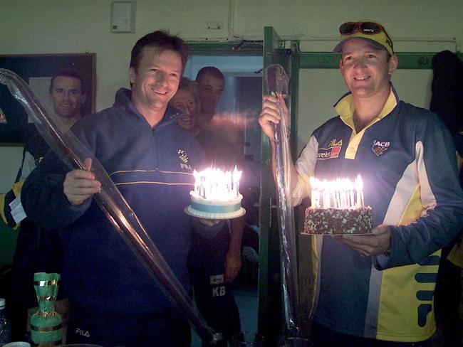 Steve and Mark Waugh celebrating their 36th birthday in the dressing rooms in 2001.