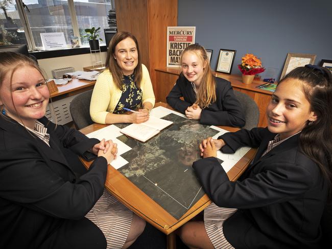 Kristie Johnston, second from left, with Montrose Bay High students Emily Tapping, Hayley Rice and Taylah Squires. Picture: Chris Kidd