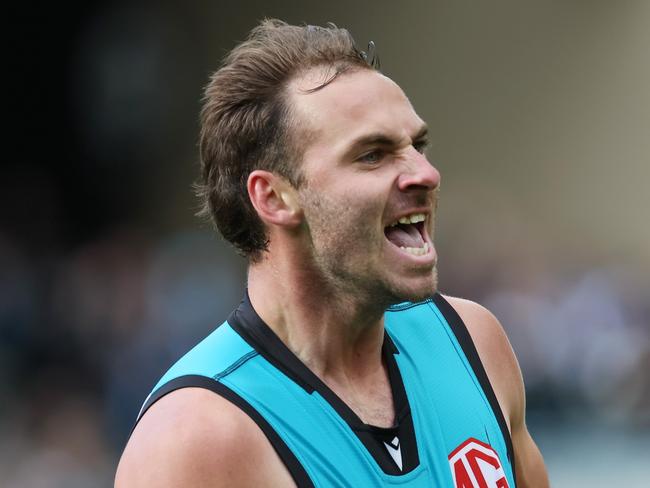 ADELAIDE, AUSTRALIA - JUNE 22:  Jeremy Finlayson of the Power celebrates a goal during the 2024 AFL Round 15 match between the Port Adelaide Power and the Brisbane Lions at Adelaide Oval on June 22, 2024 in Adelaide, Australia. (Photo by James Elsby/AFL Photos via Getty Images)