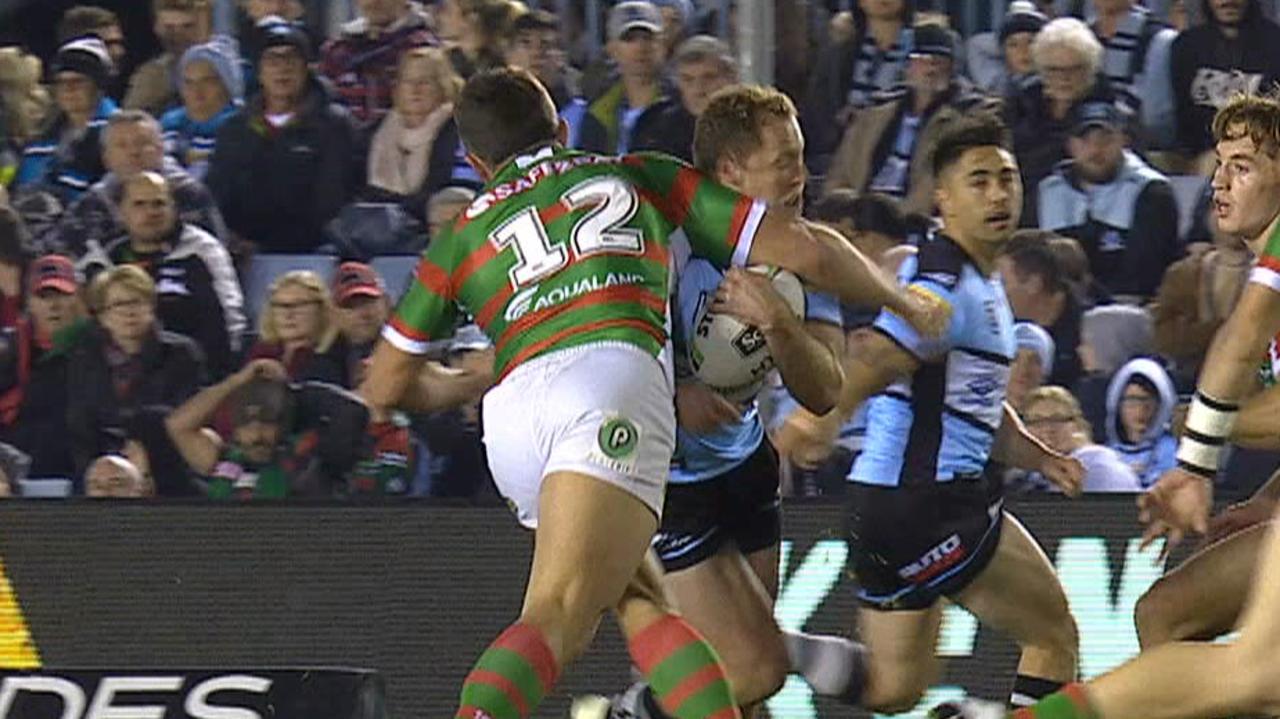 Sam Burgess hits Matt Moylan high.