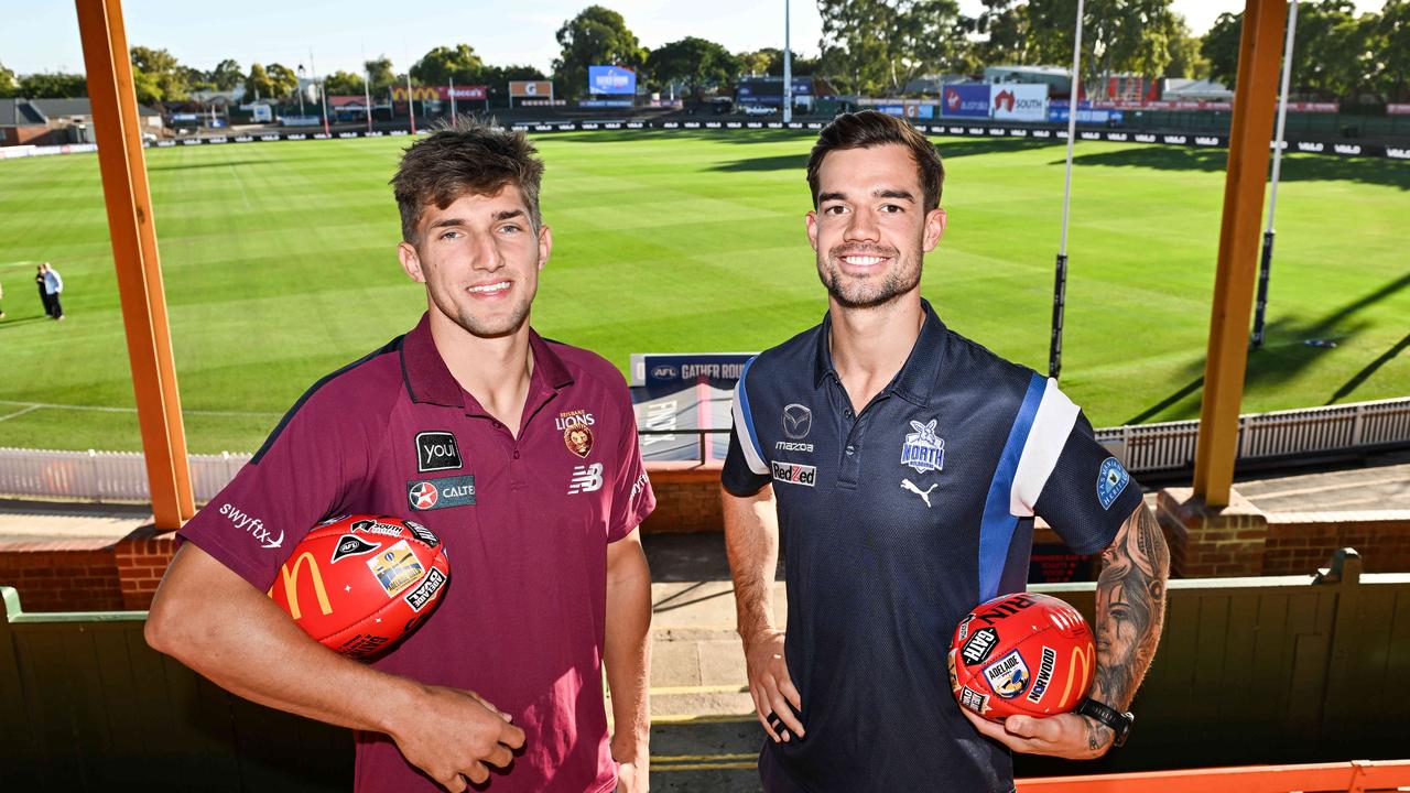 Brisbane Lions utility Zac Bailey and North Melbourne co-captain Jy Simpkin at Norwood Oval ahead of the Gather Round. Picture: NCA NewsWire / Brenton Edwards