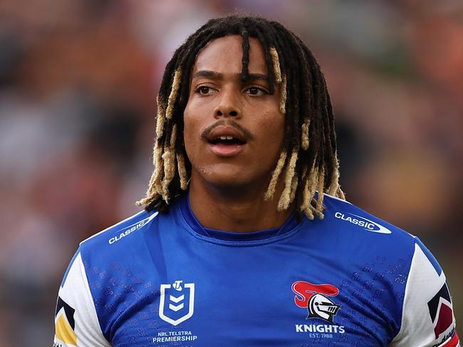 SYDNEY, AUSTRALIA - MARCH 12: Dominic Young of the Knights is sent to the sin bin during the round two NRL match between Wests Tigers and Newcastle Knights at Leichhardt Oval on March 12, 2023 in Sydney, Australia. (Photo by Cameron Spencer/Getty Images)