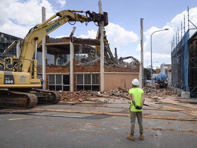 Demolition work on the site of the new Toowoomba head office of People First Bank (formerly Heritage Bank) at 502 Ruthven St, the former Shrine Catholic Church location, as seen from Annand St, Tuesday, February 18, 2025. Picture: Kevin Farmer
