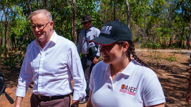 Australian Indigenous Education Foundation graduate Kodie Mason (right) with Anthony Albanese at the 2023 Garma festival. Picture: Supplied