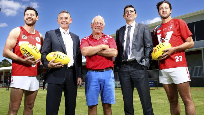 ALL SMILES: The AFL’s Travis Auld (second from right) with, from left, Strathalbyn playing-coach Todd Price, JLT’s Gary Okely, Roosters president Brenton Smith and player Angus Pichl after inspecting Strathalbyn Oval. Picture: Sarah Reed.