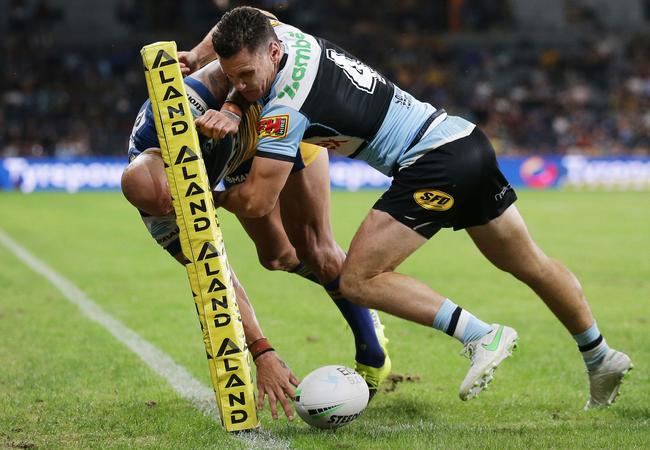 Blake Ferguson tackled into touch by Connor Tracey (Photo by Matt King/Getty Images)