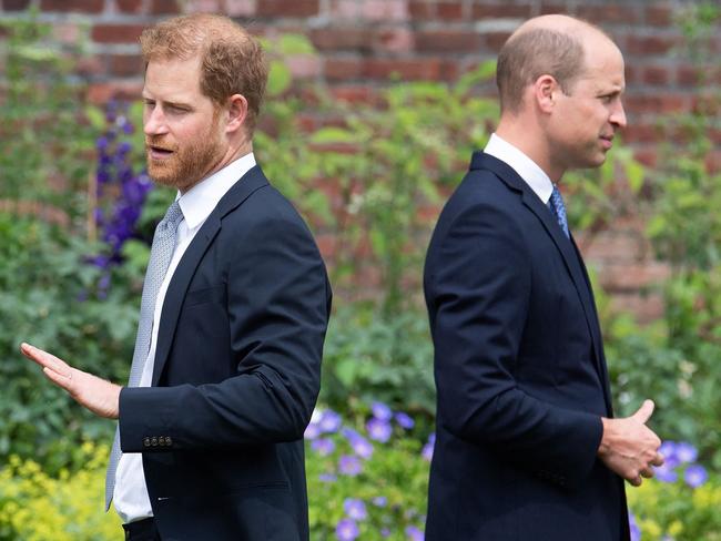 Prince Harry and Prince William put on a united front for the unveiling of a statue of their mother, Princess Diana, in Kensington Palace in 2021. Picture: AFP