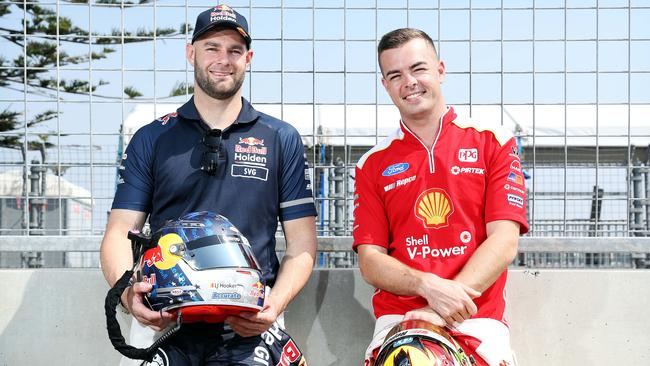 Rivals and ‘friends’, Shane van Gisbergen and Scott McLaughlin in Pit Lane at the Coates Hire Newcastle 500 Street Track in Newcastle today. Picture: Tim Hunter.