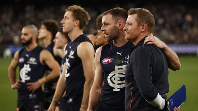 Sam Docherty and coach Michael Voss after the Blues missed out on the finals. Picture: Daniel Pockett/Getty Images